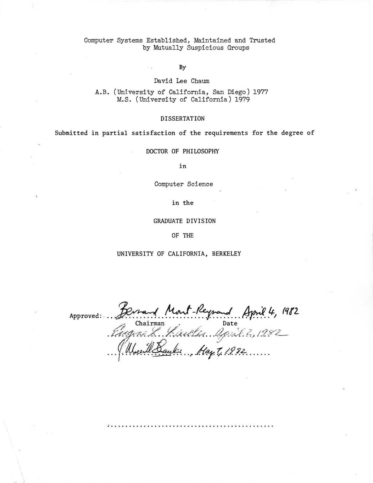 Typed title page of David Chaum’s Berkeley dissertation, with committee signatures dated 1982.