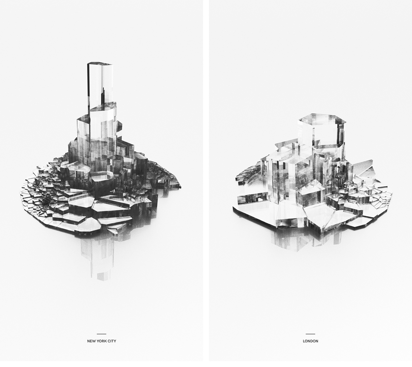 Two of the black-and-white compositions from Matt DesLauriers's data-driven Crystal Towers (2017), splintered tower forms built from skyscraper height data, as posted in the artist's own Behance gallery.