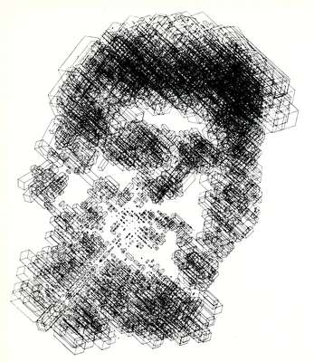 Cubic Kennedy, a plotter drawing from the Computer Technique Group's John F. Kennedy series, the body of work with which the Japanese collective toured internationally in 1968–69.