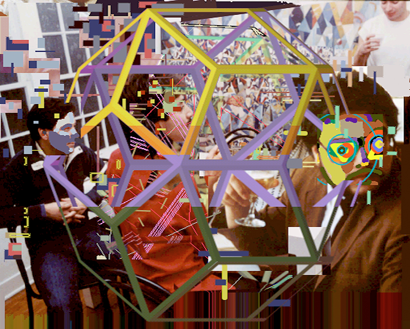 Victor Acevedo’s digital composition overlays digitized photographs with a large yellow and purple polyhedron, wireframe lines, and colored pixel fragments.