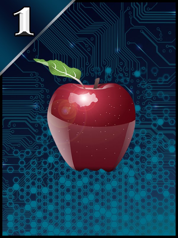 A glossy red apple against a blue circuit-board pattern on Curio Card number 1.