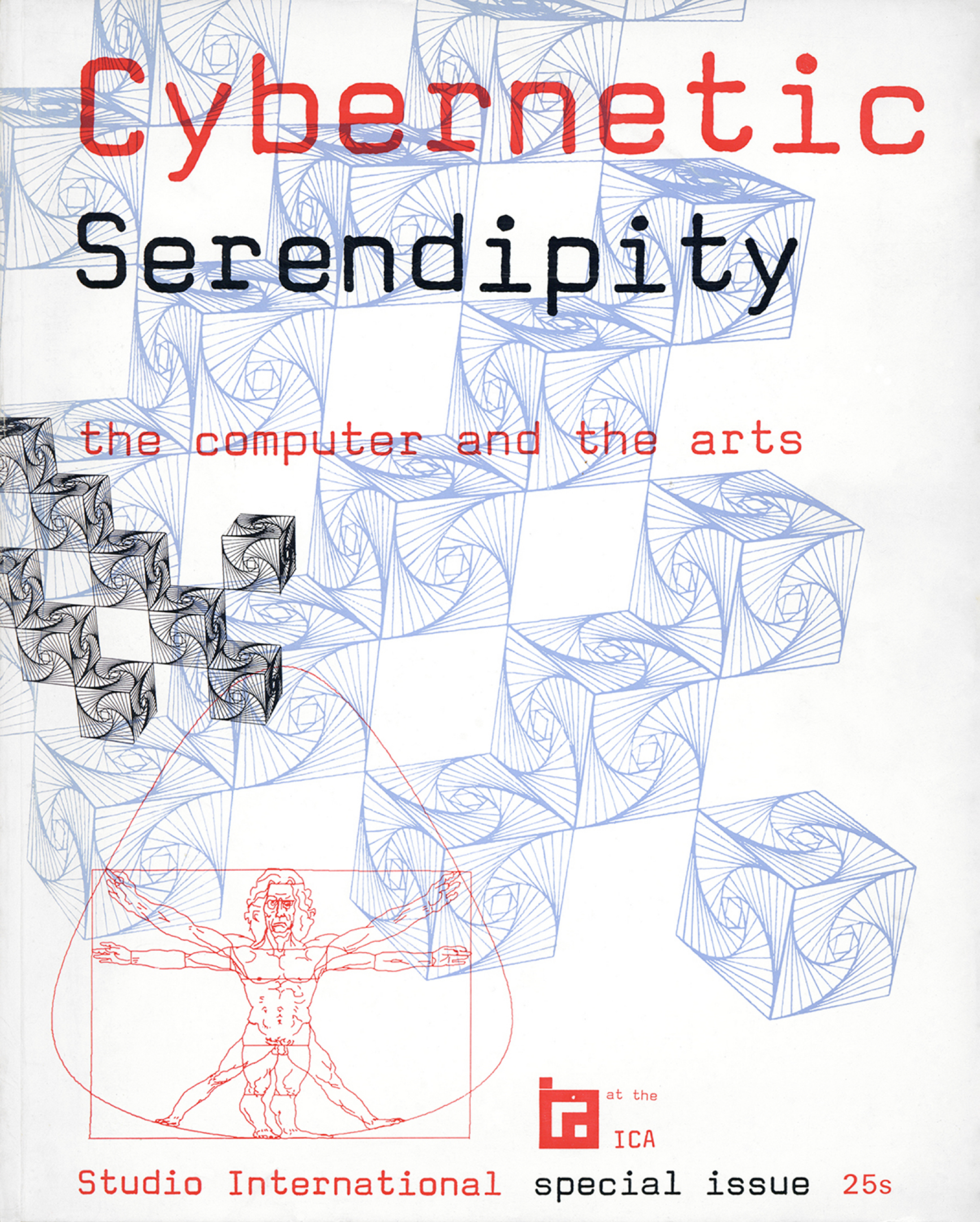 Bold red and black Cybernetic Serendipity lettering surrounds a dense blue computer-drawn line pattern on the catalogue cover.