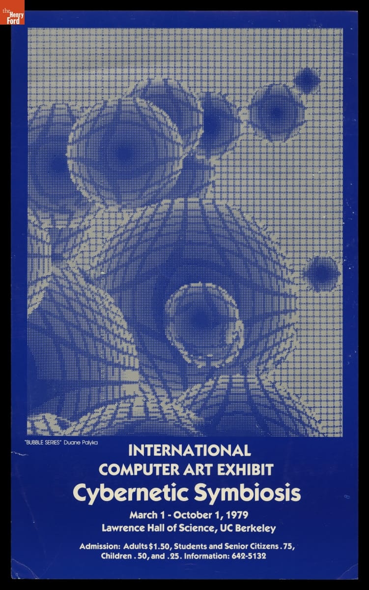 A blue exhibition poster combines Duane Palyka’s circular computer pattern with the title Cybernetic Symbiosis and the 1979 Berkeley exhibition dates.
