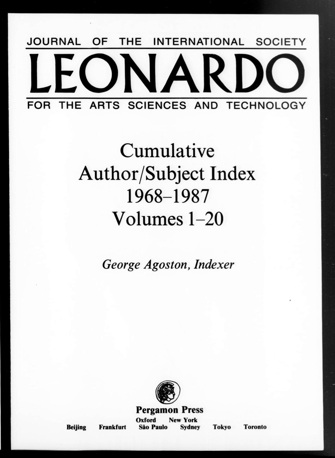 Cover of Leonardo's cumulative author and subject index for volumes 1 to 20; Topper and Holloway's bibliography appeared in Leonardo vol. 13, no. 1 (1980).