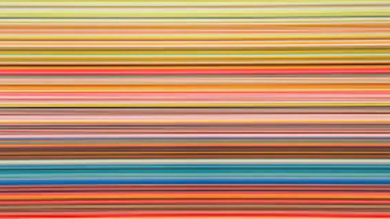 Horizontal bands of yellow, orange, red, pink, green and blue extend across Frieder Nake’s Hommage à Gerhard Richter.