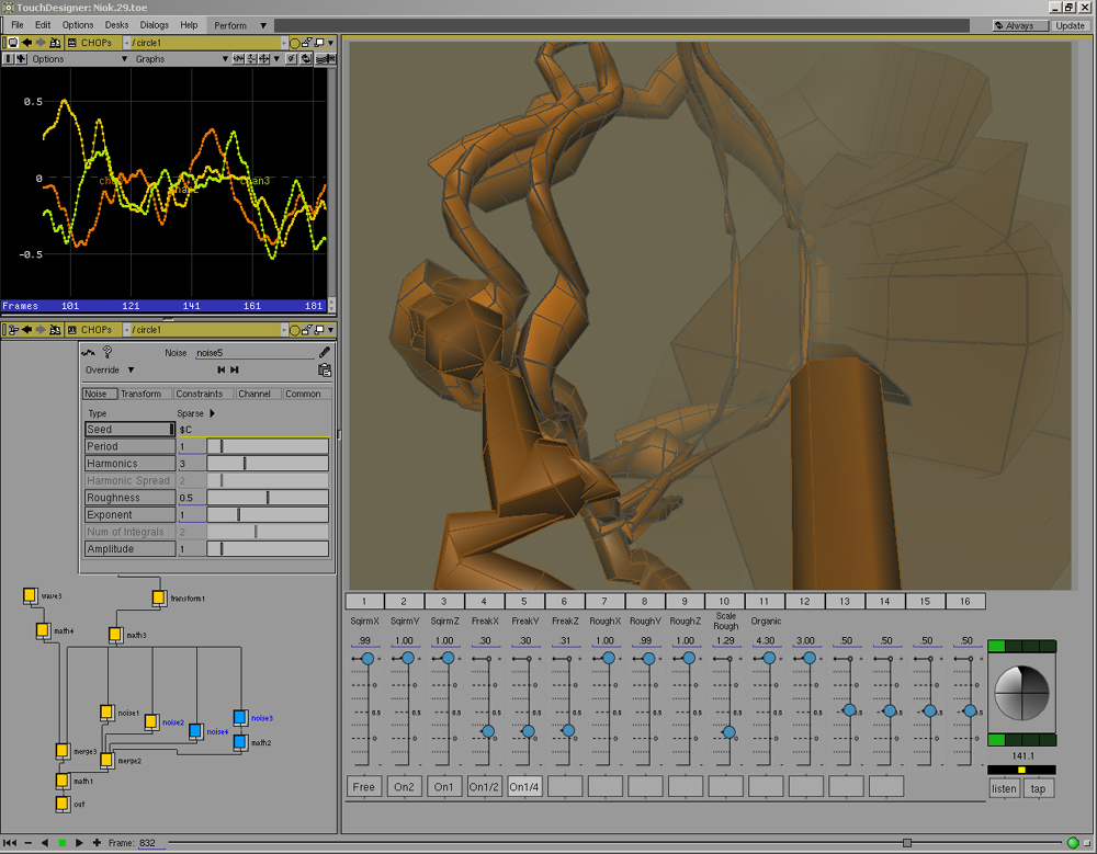Early TouchDesigner interface with a 3D form, signal graphs, node network and slider controls.