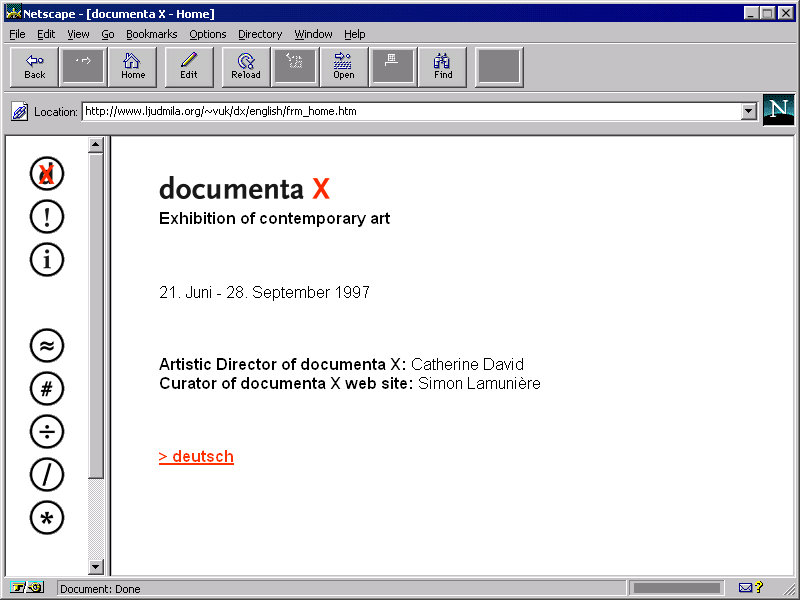 A Netscape screen capture of Vuk Cosic's Documenta Done, showing the copied documenta X homepage republished at ljudmila.org/~vuk/dx/, with the original documenta X credits intact.