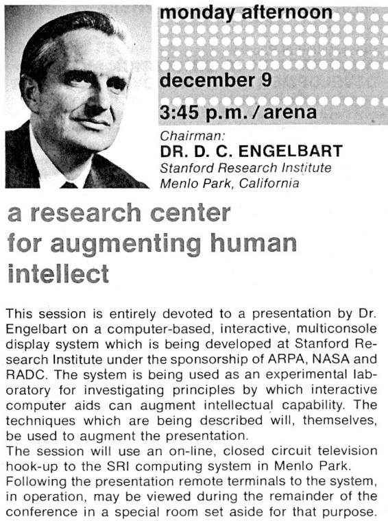 Original black-and-white session poster announcing Engelbart’s December 9 demonstration of an interactive computer display system.