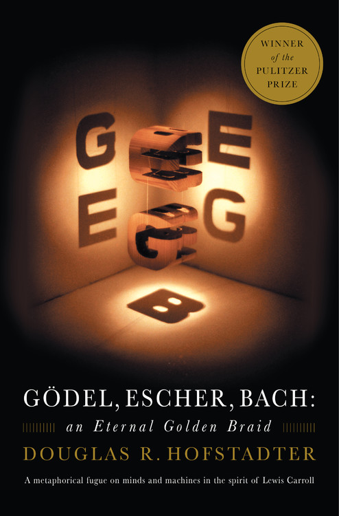 Cover of Gödel, Escher, Bach with wooden forms casting letter-shaped shadows on three illuminated surfaces; title and Douglas R. Hofstadter's name below.