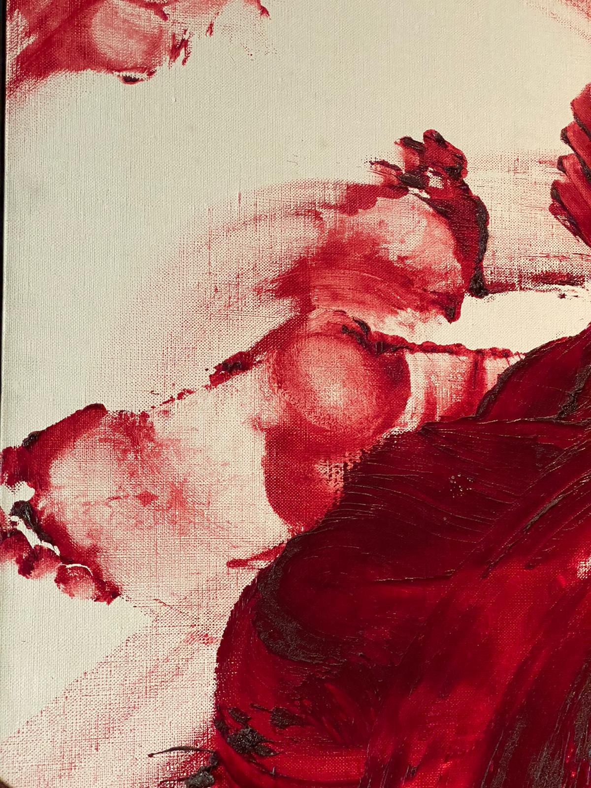 A detail of a Kazuo Shiraga canvas in which the prints and drags of the artist's bare feet are visible in the wet red paint — the rope-and-body method that produced Dragons Emerging from the Forest.
