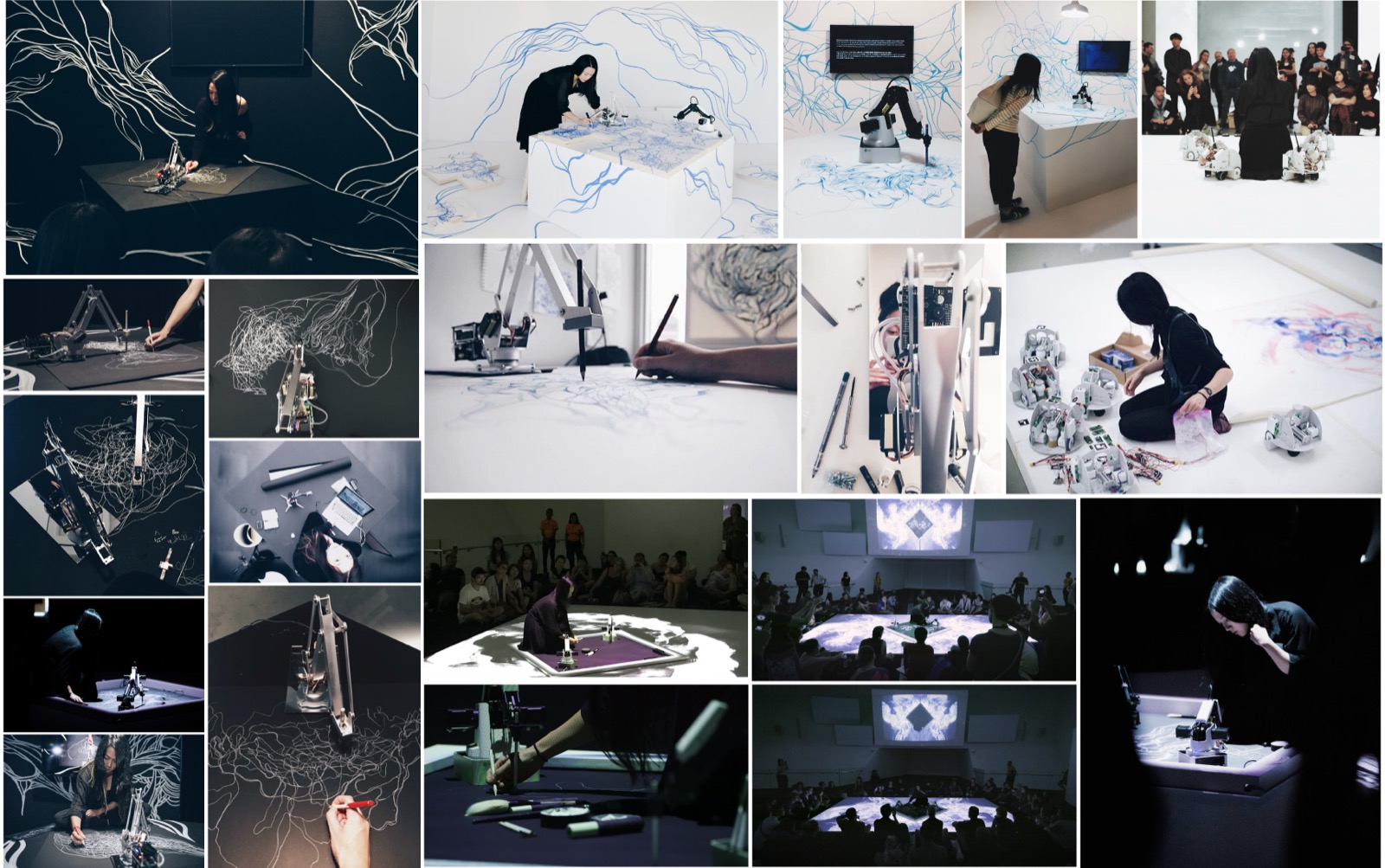 A documentation montage from Sougwen Chung's own project page, showing her drawing alongside the D.O.U.G. robotic arm across a decade of Drawing Operations performances and installations.