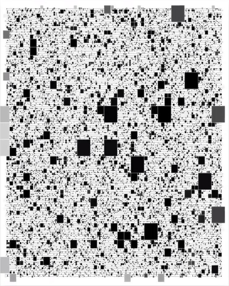 An intricate field of small black and gray squares and fine horizontal lines fills Ix Shells’s Dreaming at Dusk.