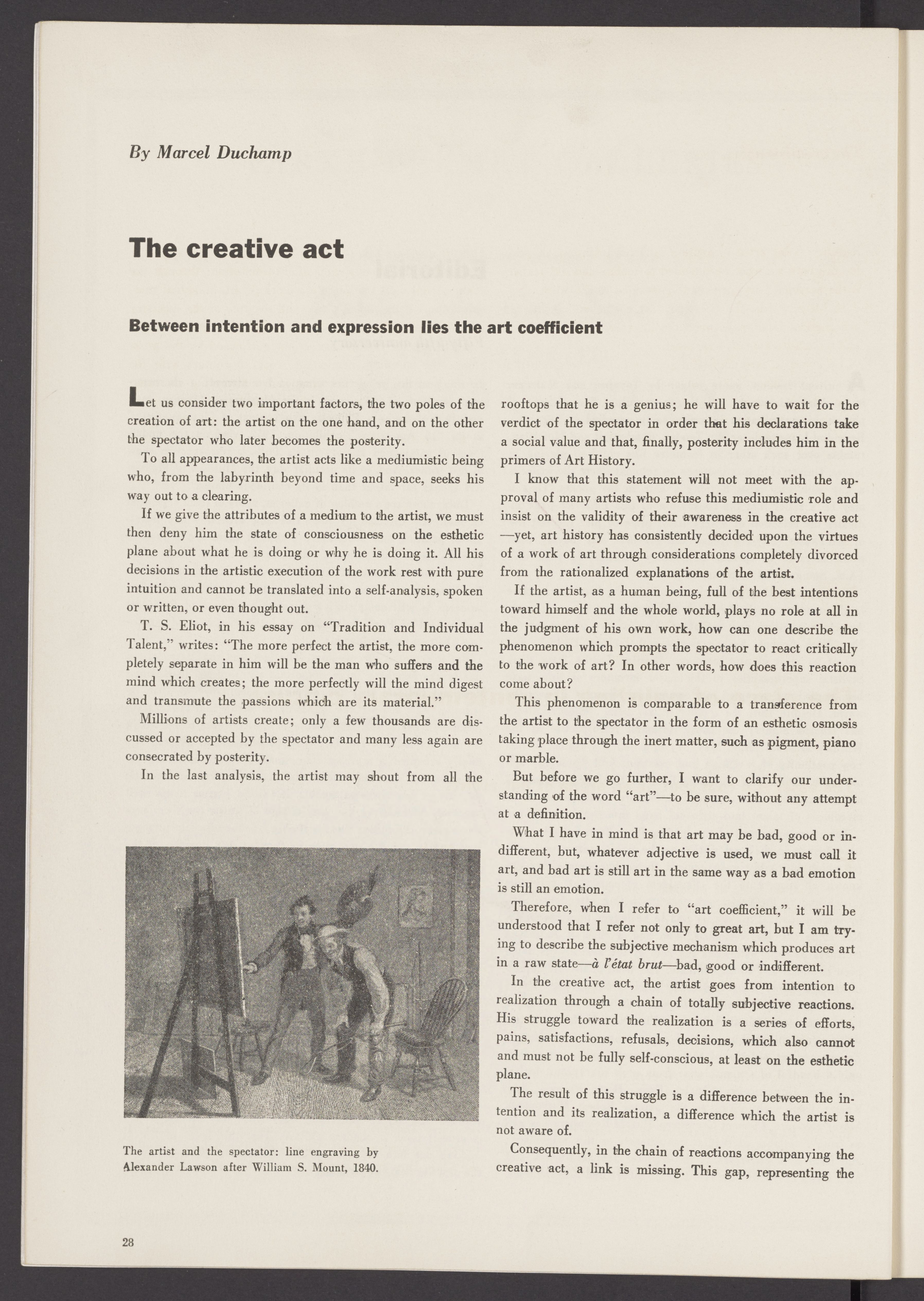 Original ARTnews page headed The Creative Act, with two text columns and an engraved illustration of an artist and spectator.