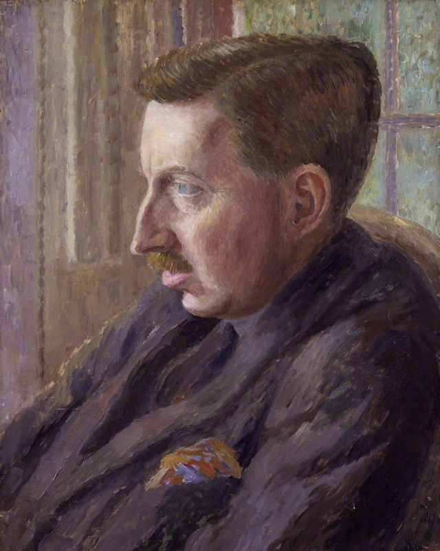 Dora Carrington’s painted profile of E. M. Forster, with blue eyes, brown hair and a dark purple coat against a softly colored interior.