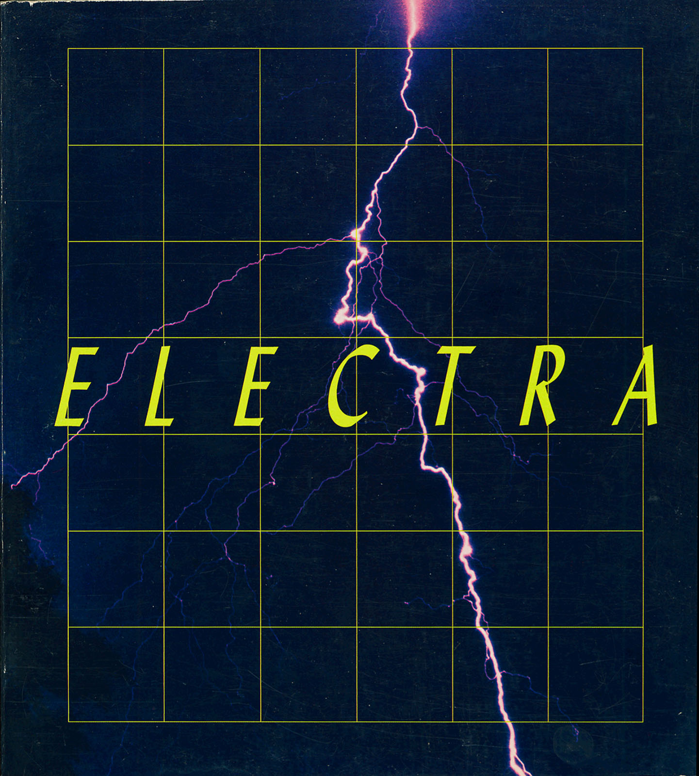 Dark blue Electra catalogue cover with a yellow grid and pink lightning crossing its large yellow title.