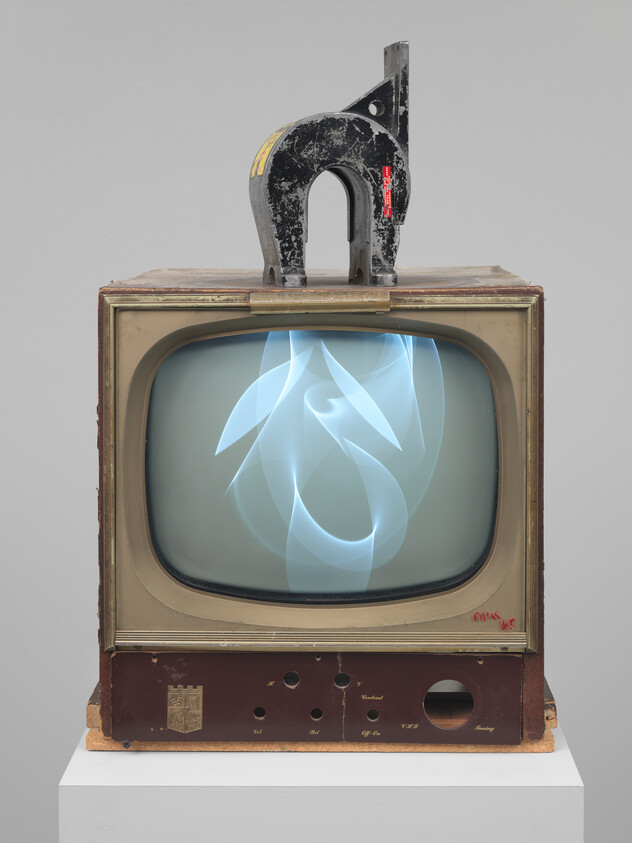 Nam June Paik’s Magnet TV (1965), a modified black-and-white television set with a magnet on top, the work most remarked on in his Electronic Art exhibition at Galeria Bonino.