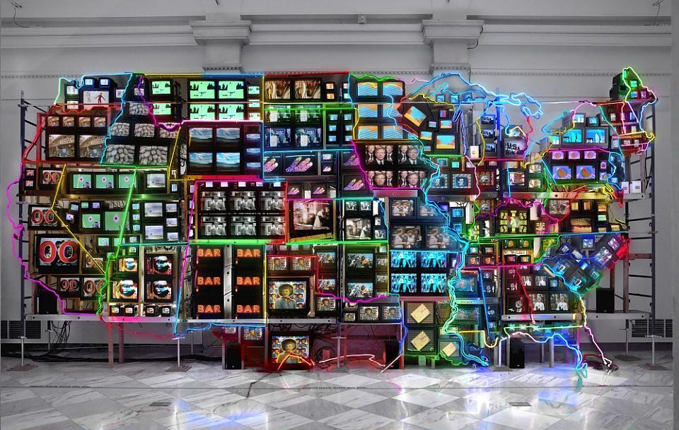 Nam June Paik's fifty-one-channel video and neon map of the United States, in the Smithsonian American Art Museum's own photograph of the work.
