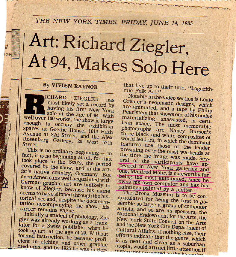 Aged newspaper clipping with the June 14, 1985 masthead and a passage about Manfred Mohr’s computer and plotter underlined in pink.