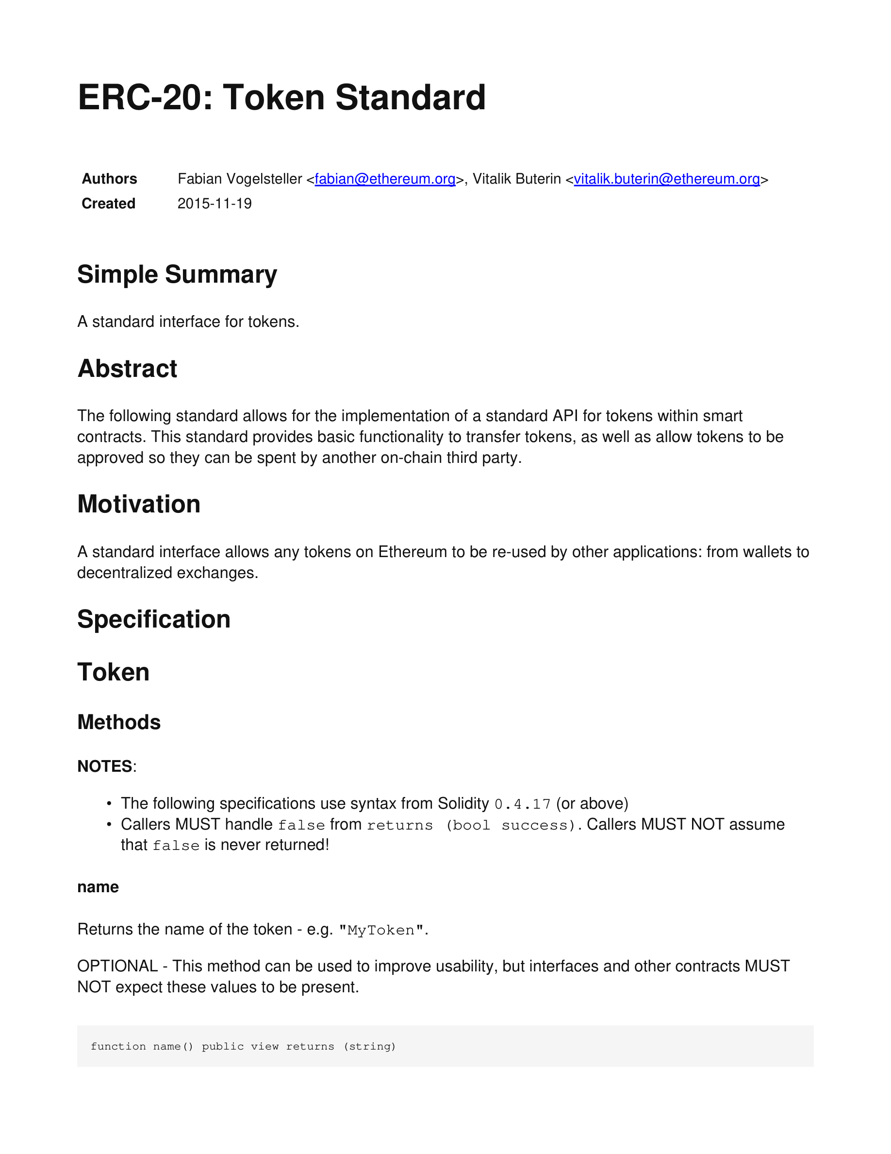 ERC-20’s title, authors and creation date, followed by its summary, abstract, motivation and opening token methods.