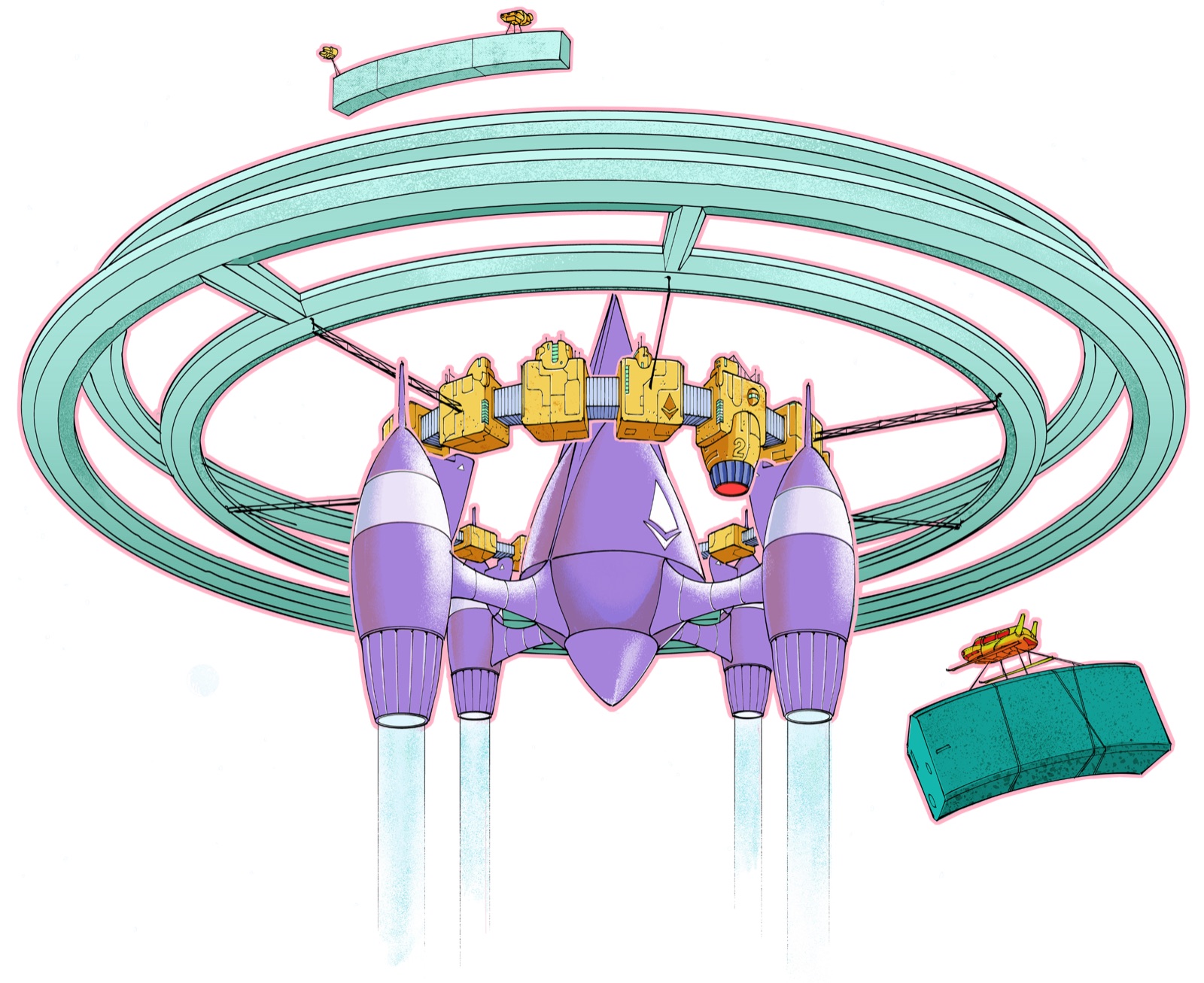 The Ethereum Foundation's own illustration for The Merge: a pastel rocket-like craft firing its engines as it docks inside a green ring, the site's standing metaphor for the proof-of-work chain joining the proof-of-stake Beacon Chain.