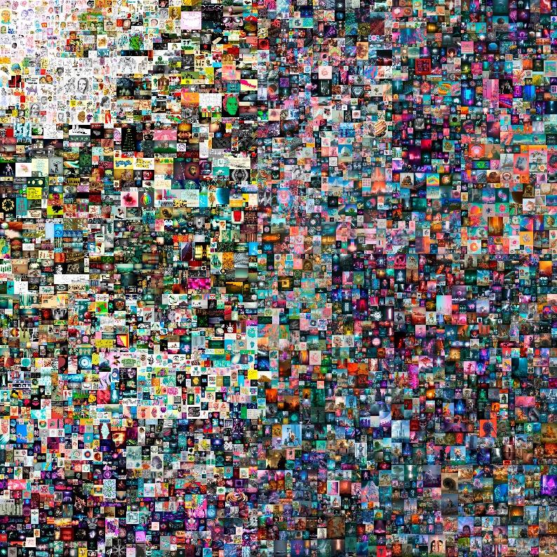 The full square composition of Beeple’s Everydays: The First 5000 Days, a dense mosaic moving from light images at upper left toward darker colored images.