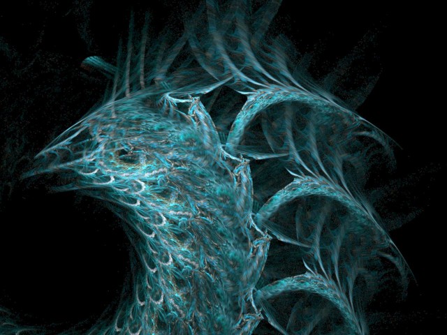 A single frame from the Electric Sheep distributed screensaver -- fractal-flame sheep no. 23407, one of the evolved forms produced by the network of volunteer computers Scott Draves describes in the essay.