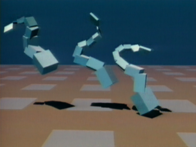 Three evolved swimming creatures from Karl Sims's Evolved Virtual Creatures (1994), from the artist's own page on the work.