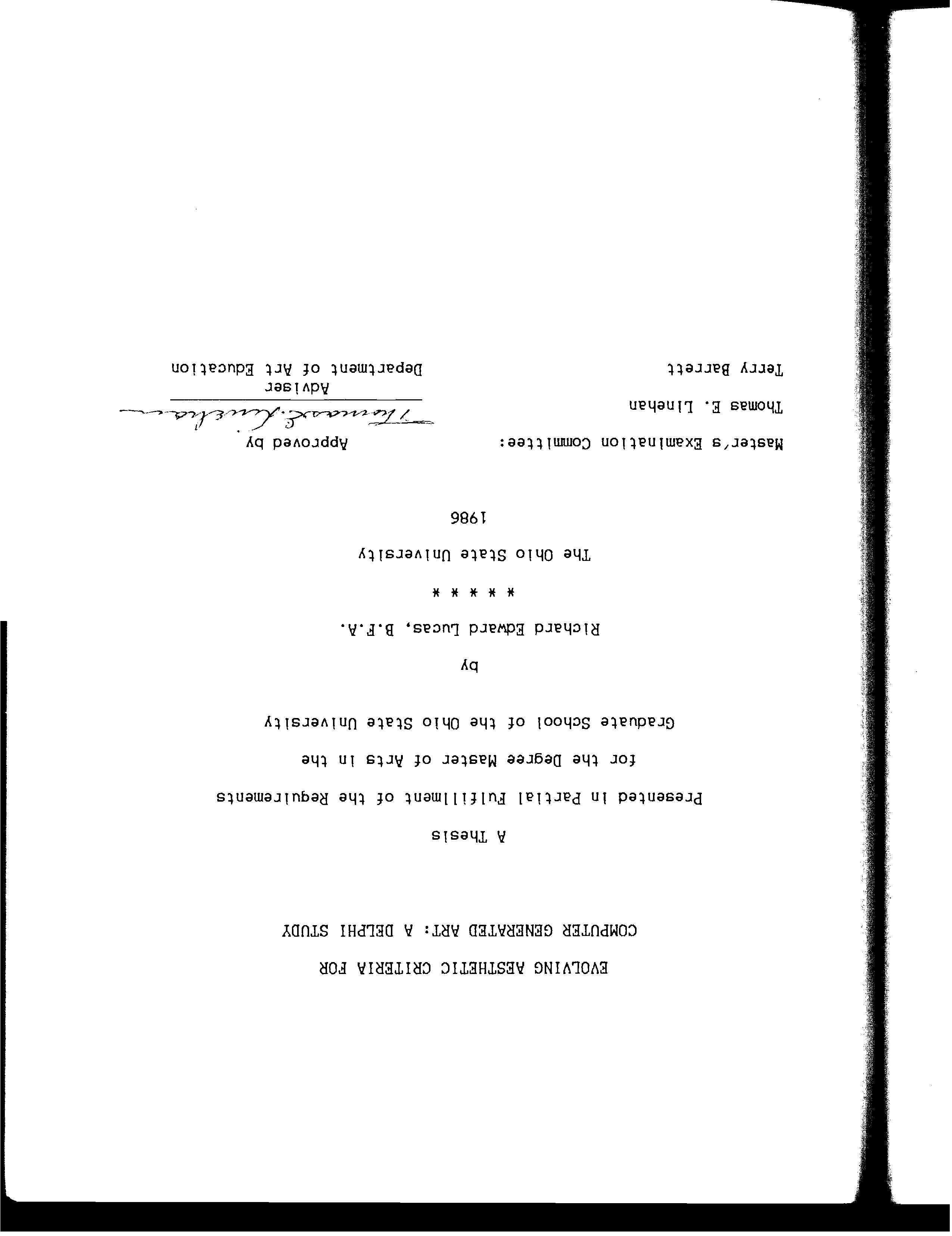 Typewritten thesis title page naming Richard Edward Lucas, The Ohio State University and 1986, with the adviser’s approval signature.