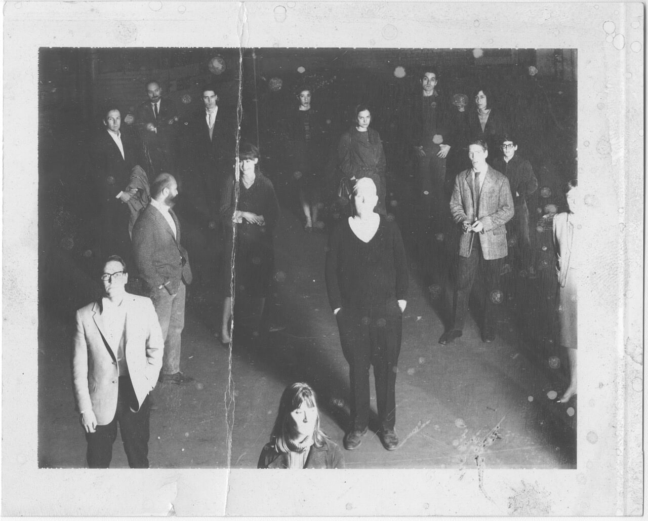 Robert Rauschenberg, Steve Paxton, Alex Hay, Yvonne Rainer and other participants of 9 Evenings: Theatre & Engineering at the 69th Regiment Armory, New York, October 1966 - the collaboration out of which E.A.T. was formed.