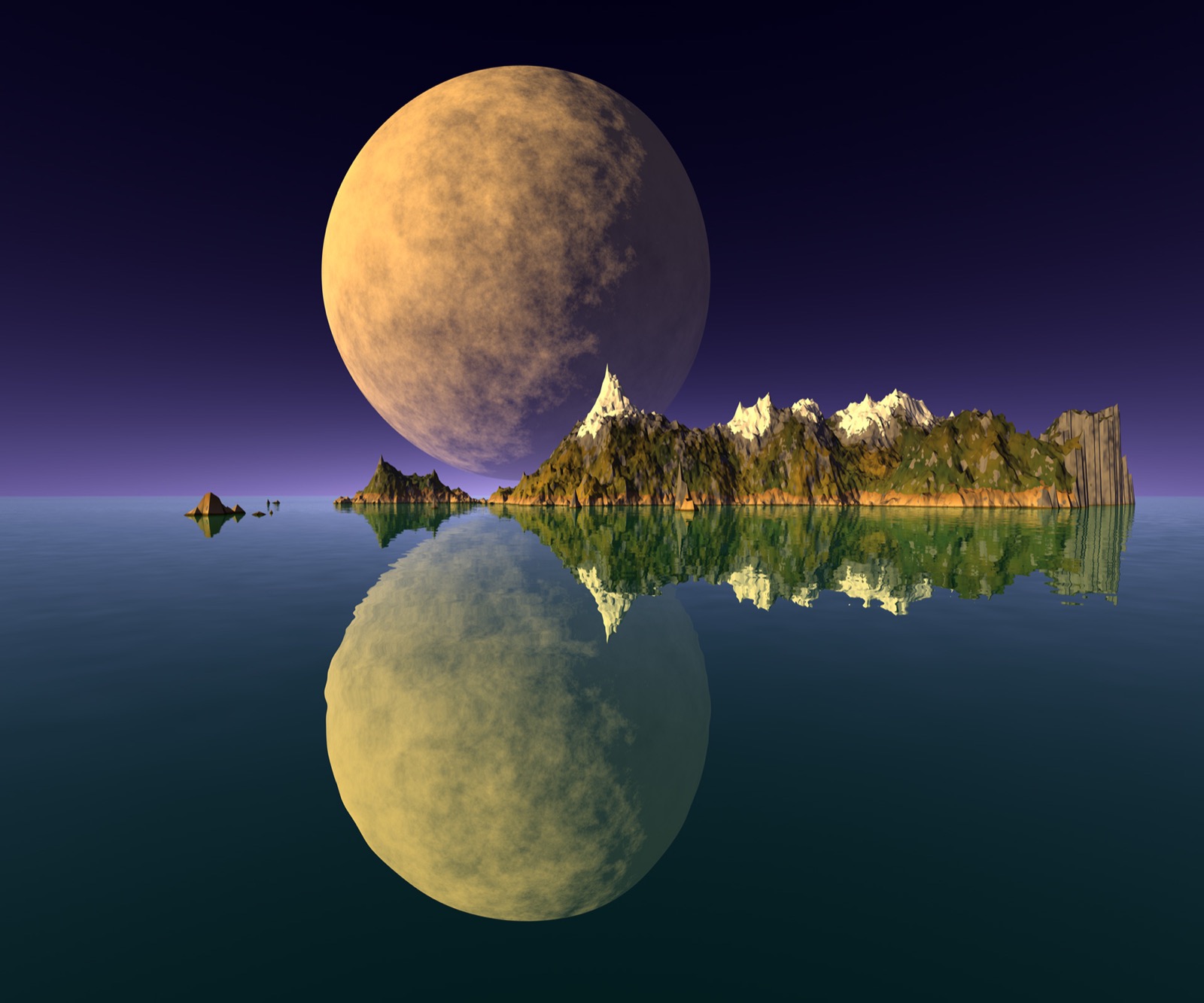A synthetic fractal landscape by F. Kenton Musgrave: an eroded, snow-capped island ridge mirrored in still water beneath an oversized moon, published on the artist's own site under the file name 'blessed'.