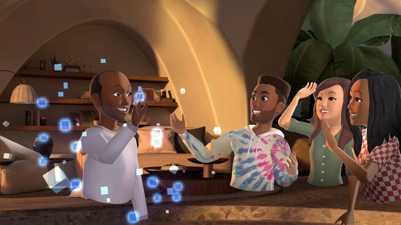 Four stylized avatars meet in a warm, furnished virtual room as one materializes from floating geometric fragments.