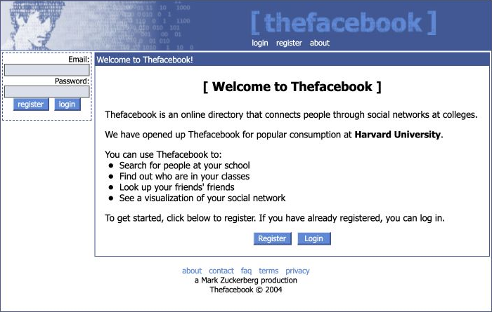 The original blue-and-white Thefacebook homepage welcomes Harvard students and offers registration and login.