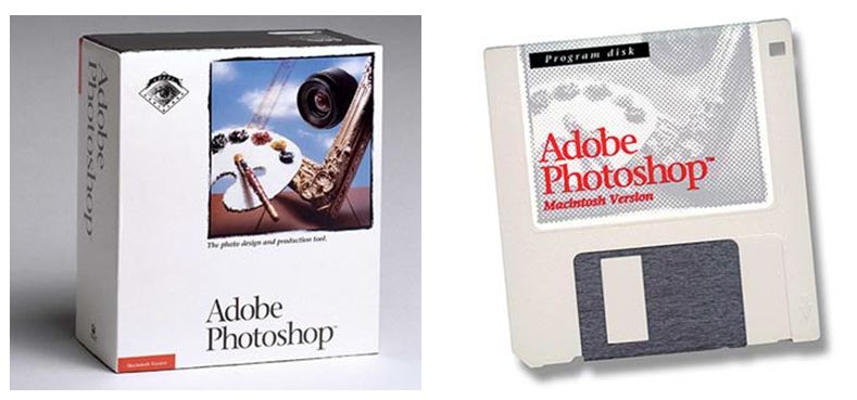 Original Adobe Photoshop retail box next to its Macintosh program floppy disk.