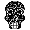 Inscription 0 itself: a 100 x 100 pixel, one-bit black-and-white pixel-art sugar skull -- a Day of the Dead calavera with rosette eyes, scroll-work brow and a grinning row of teeth.