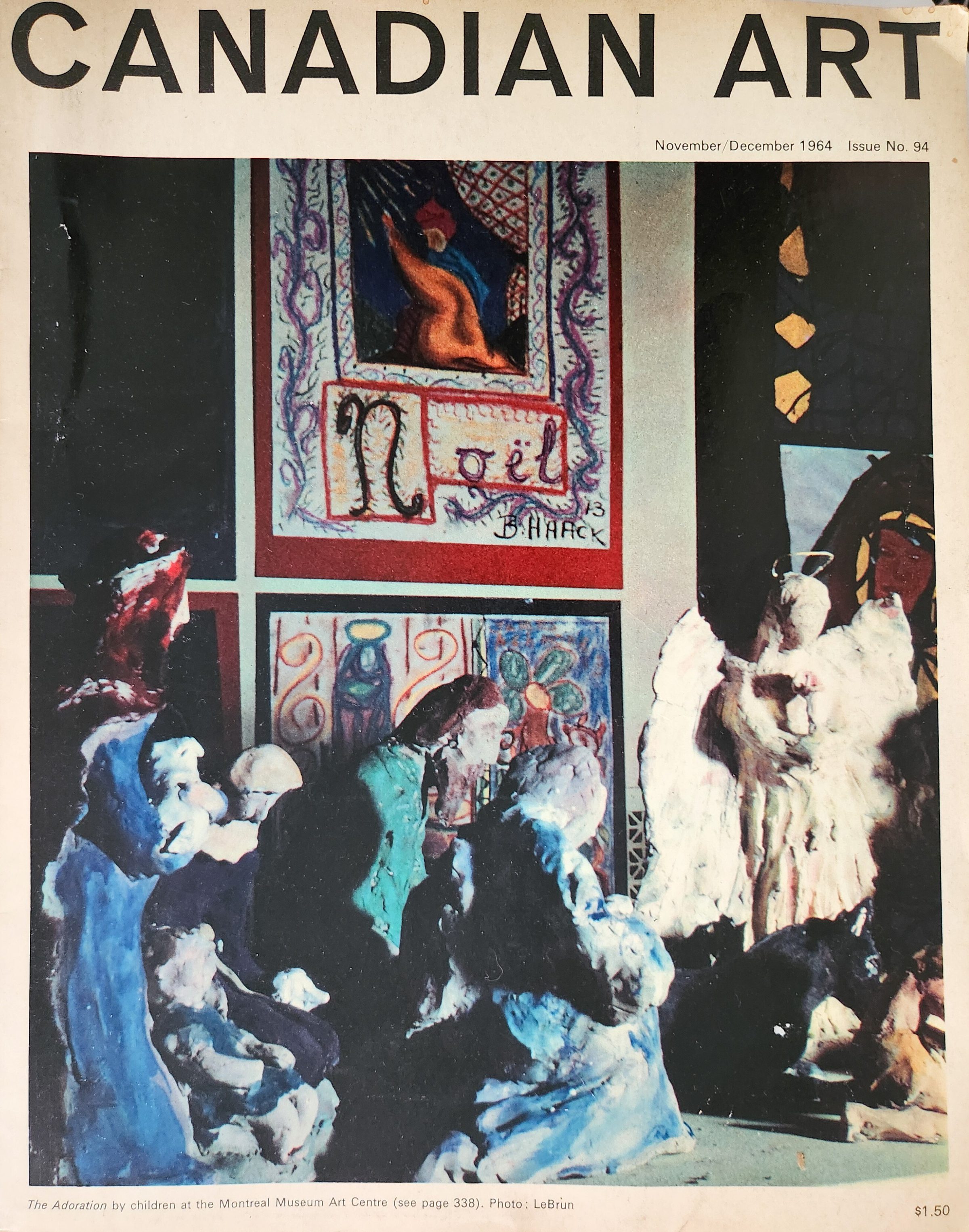 Cover of Canadian Art, November/December 1964, issue 94, with a colorful children’s nativity display beneath the magazine’s red title.