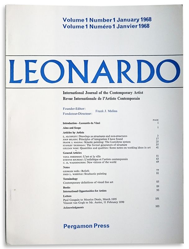 Blue-and-white cover of the first issue of Leonardo, with January 1968 date and its contents.