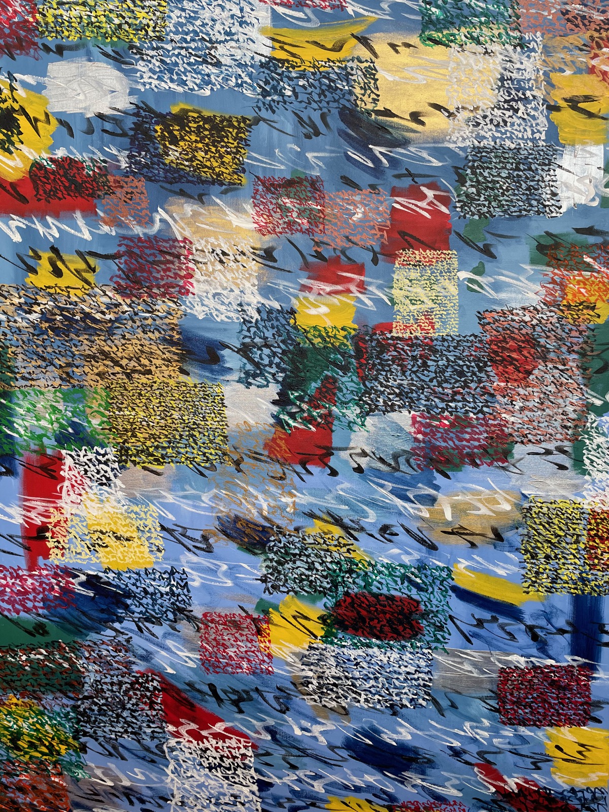 The token image of Alone Together: a photograph of a large painted canvas of scribbled marks and colour blocks over blue, made during the first 2020 New York lockdown and minted on Tezos on 2 February 2021 - the piece the entry cites as possibly the first Tezos NFT.