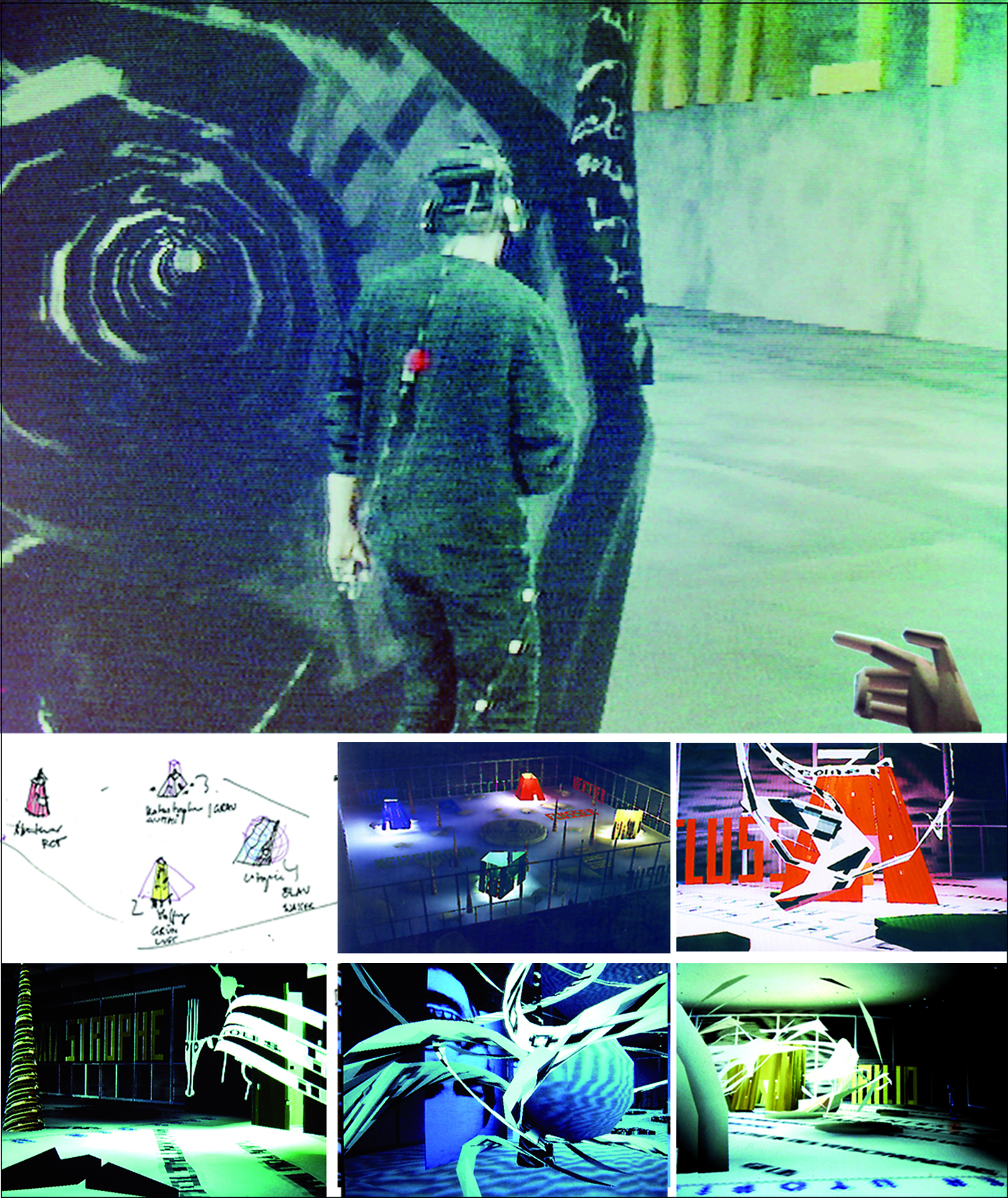 Documentation of the virtual reality installation Home of the Brain, showing the four philosophers' houses participants entered wearing VPL DataGloves and a head-mounted display.