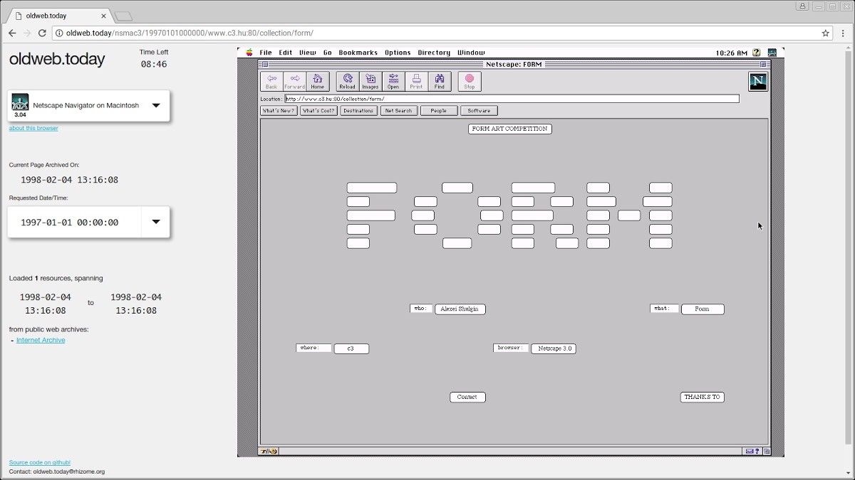 Form Art displayed in a preserved Netscape browser: blank HTML form buttons spell FORM on a gray page, with smaller labeled buttons below.