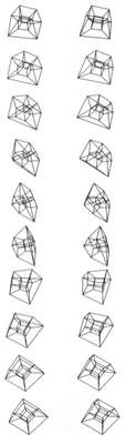 Stills from A. Michael Noll’s Hypercube (1965), the computer-animated rotating four-dimensional hypercube, printed as paired left/right frames for stereoscopic free-viewing.