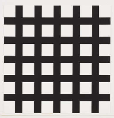A screenprint from François Morellet’s portfolio 8 Trames 0°90°, showing the superimposed-grid (“trames”) idiom that underlies his self-distorting grid works — this is not the 1965 motorised piece itself.