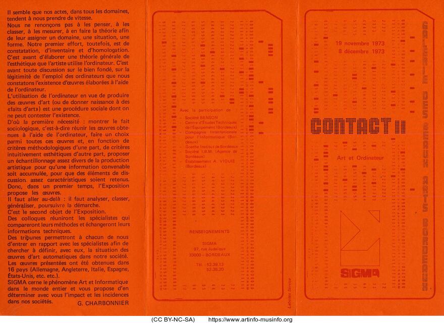Orange three-panel printed programme titled Contact II, with explanatory text and a timetable of events.