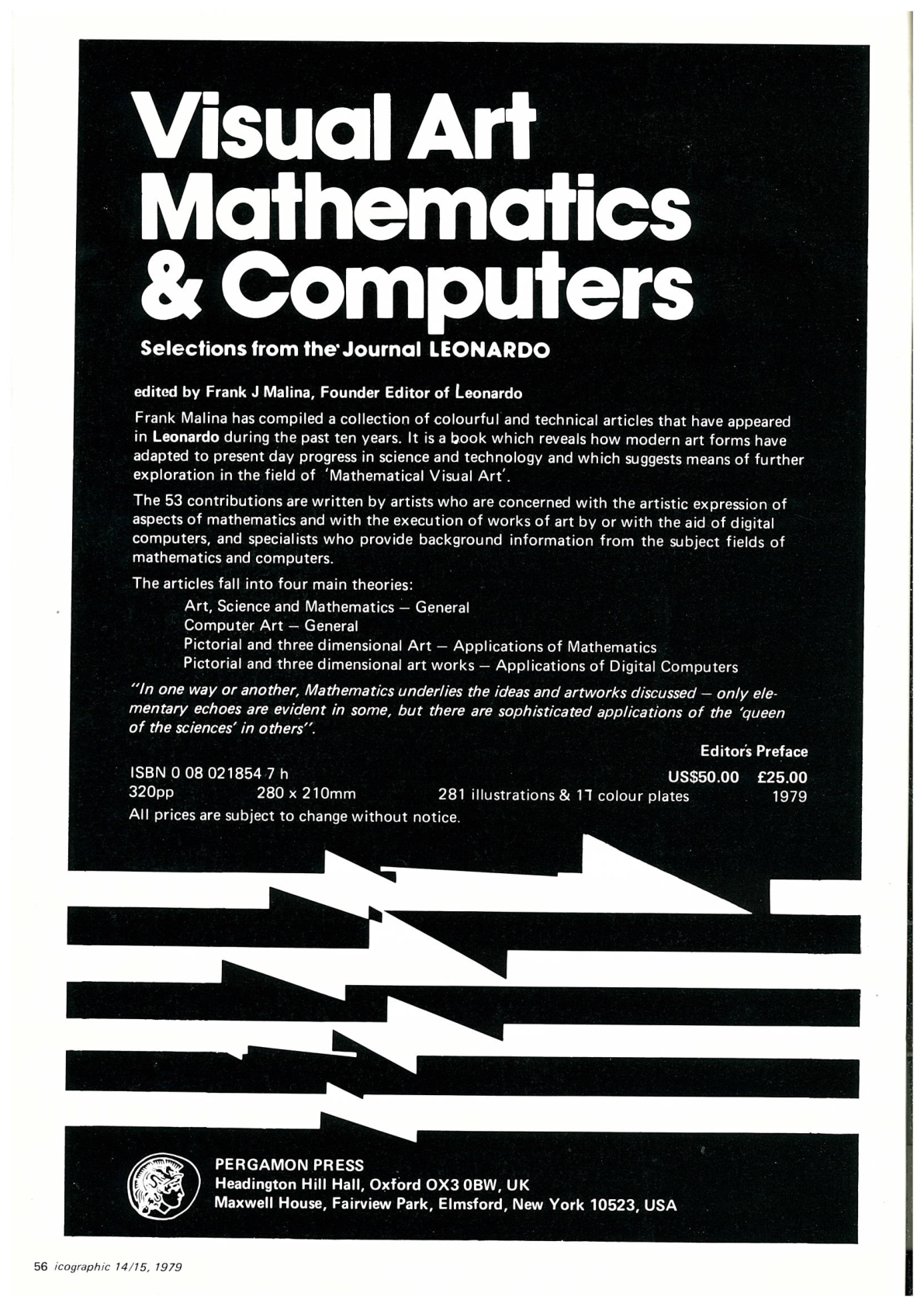 Black-and-white publisher advertisement with bold title, abstract stepped forms and the book’s 1979 publication information.
