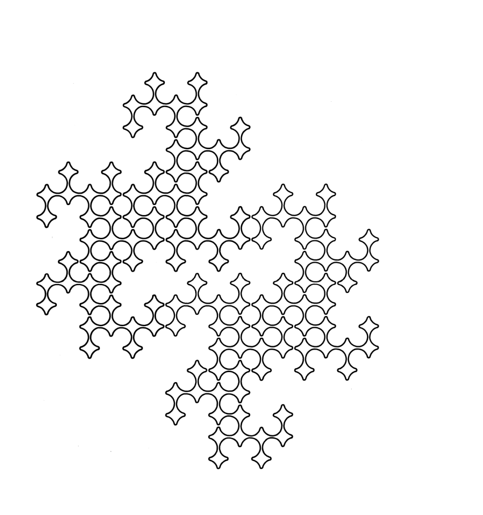 Black plotter lines form an interlocking, branching dragon-curve pattern on white paper.
