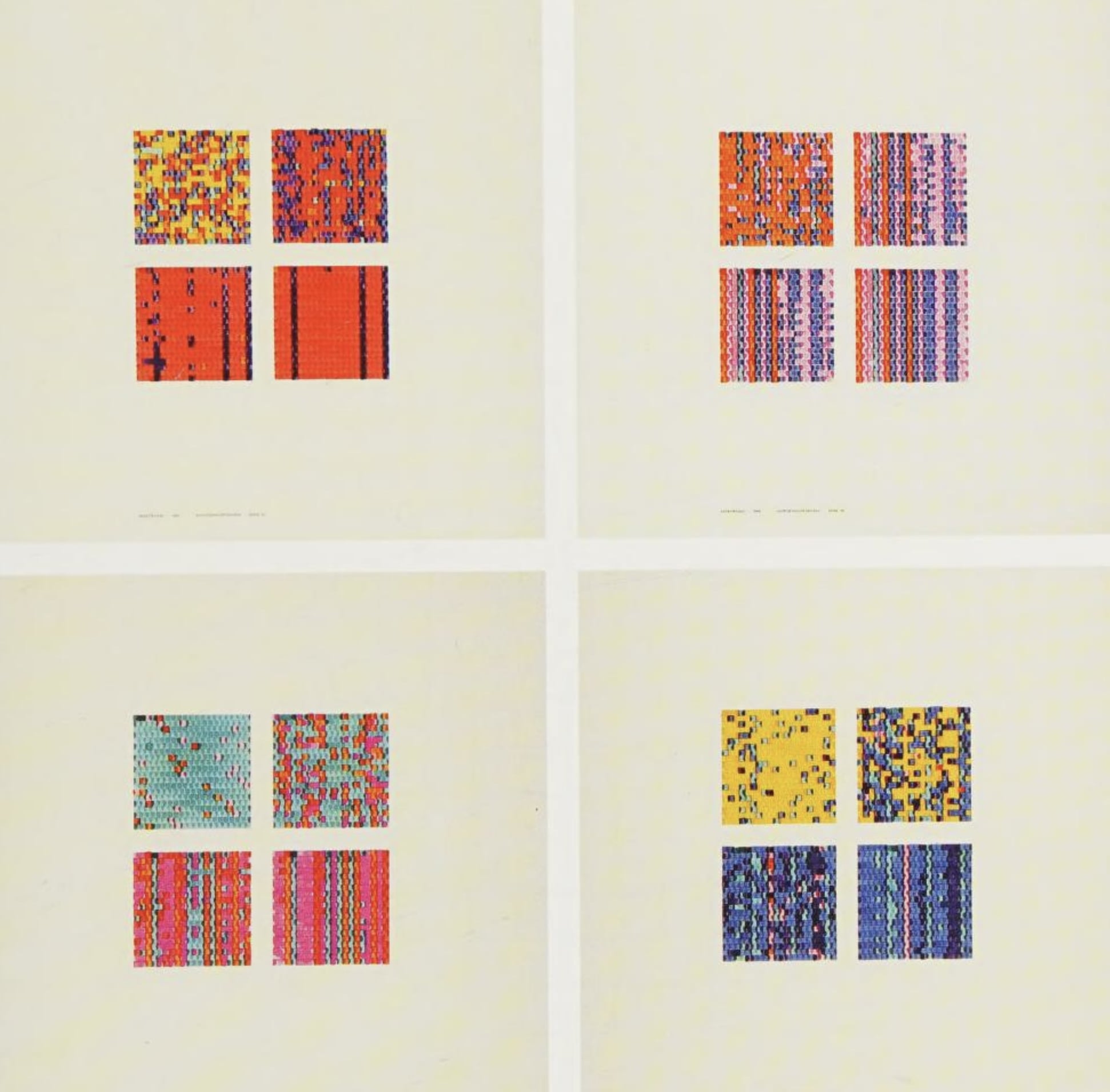 Four arrangements of colored algorithmic matrix drawings by Frieder Nake.