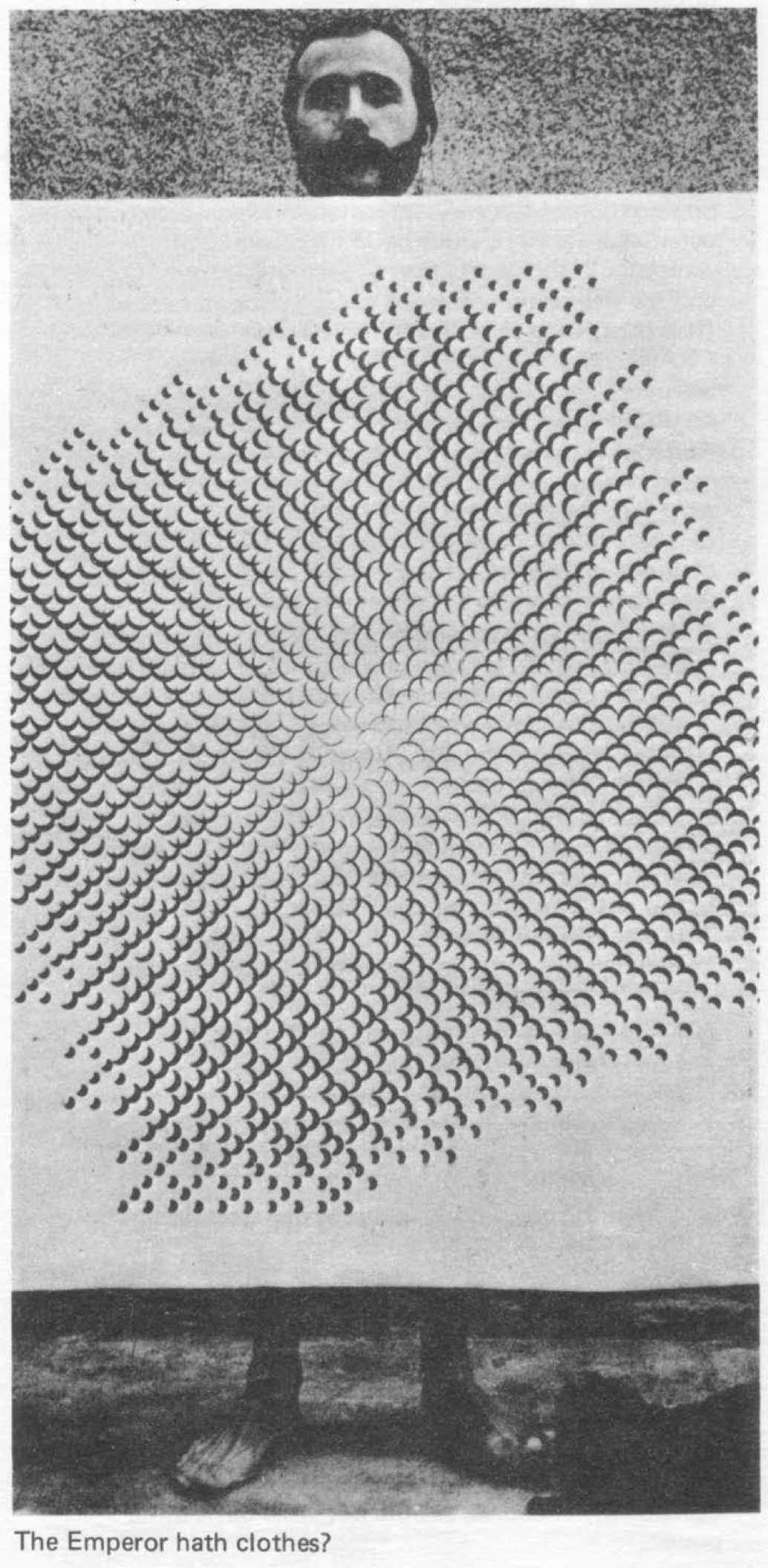 The plotter graphic that accompanies Nake's 1971 essay — a dense radiating field of repeated marks set between a photographed head and a pair of feet, captioned 'The Emperor hath clothes?'.