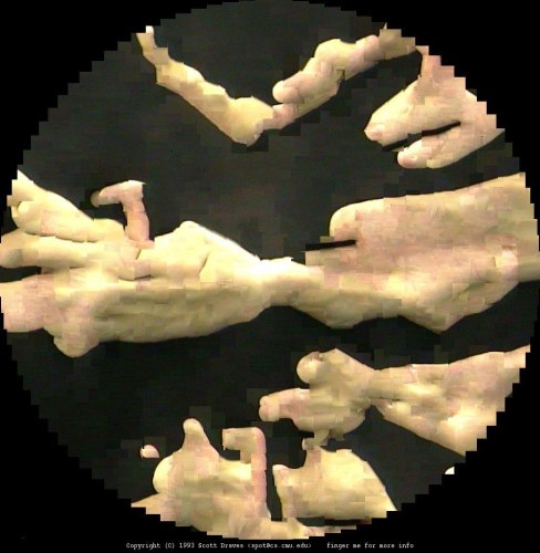 One of Scott Draves's 1993 Fuse images — photographs of hands sliced and reassembled by the Fuse algorithm — from the artist's own fuse2 gallery of works made that year.