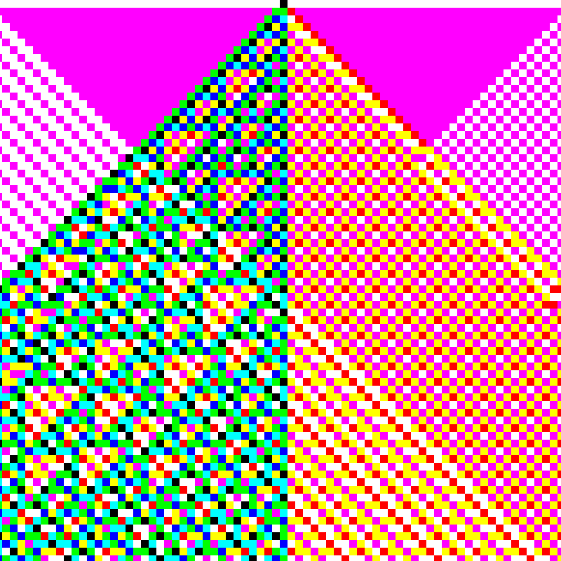 Not the platform but a work made on it: RGB Elementary Cellular Automaton #1 by ciphrd, the founder of fxhash -- a dense magenta, teal and orange cellular-automaton lattice folding into two triangular fields.