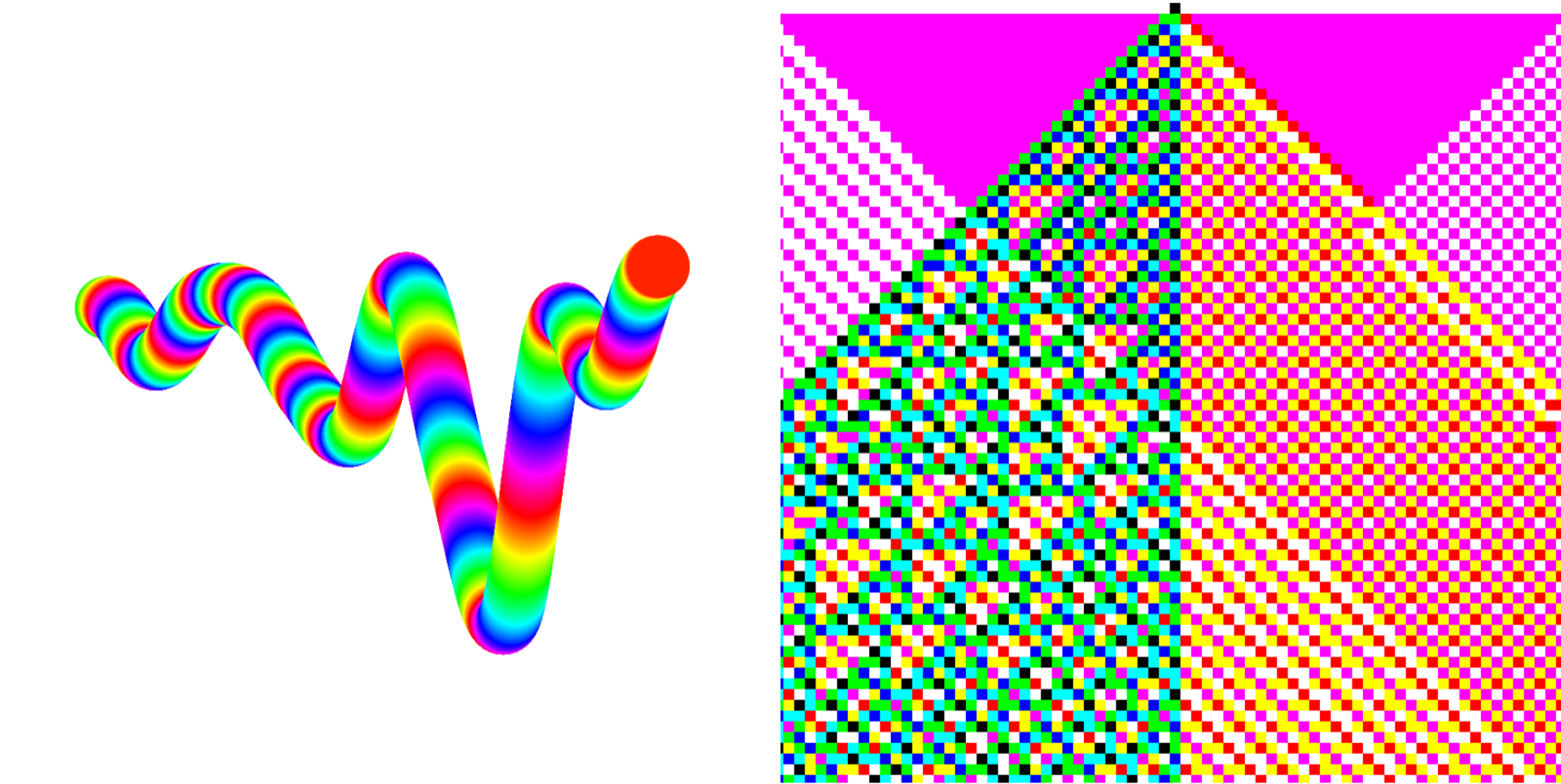 The diptych Le Random published with its interview about the 2.0 launch: a rainbow Chromie Squiggle by Snowfro on the left and ciphrd's magenta-and-teal RGB Elementary Cellular Automaton #1 on the right, the Ethereum and Tezos halves that fxhash 2.0 brought under one roof.