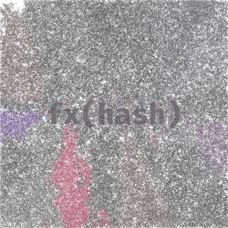 The fxhash wordmark appears amid dense generative gray noise and muted pink and blue forms.
